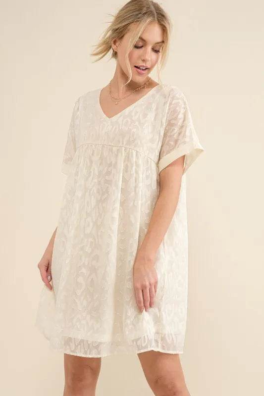 And The Why Woven Leopard Baby Doll Roll-Sleeve Casual Dress