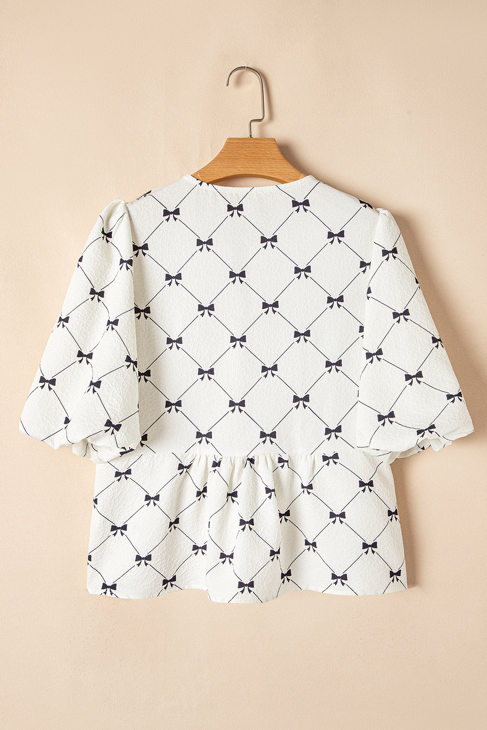 Ezra Bowknot Print Front Knots Bubble Sleeve Blouse