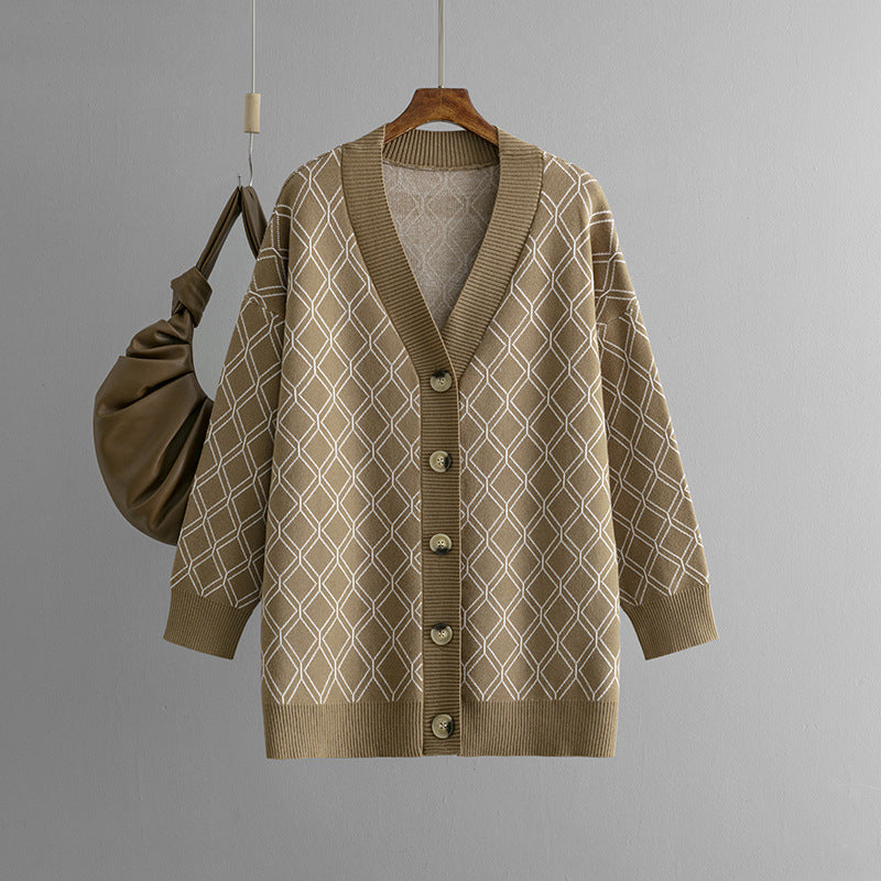 V-neck Cardigan Sweater Casual Loose Diamond Plaid Sweater Coat