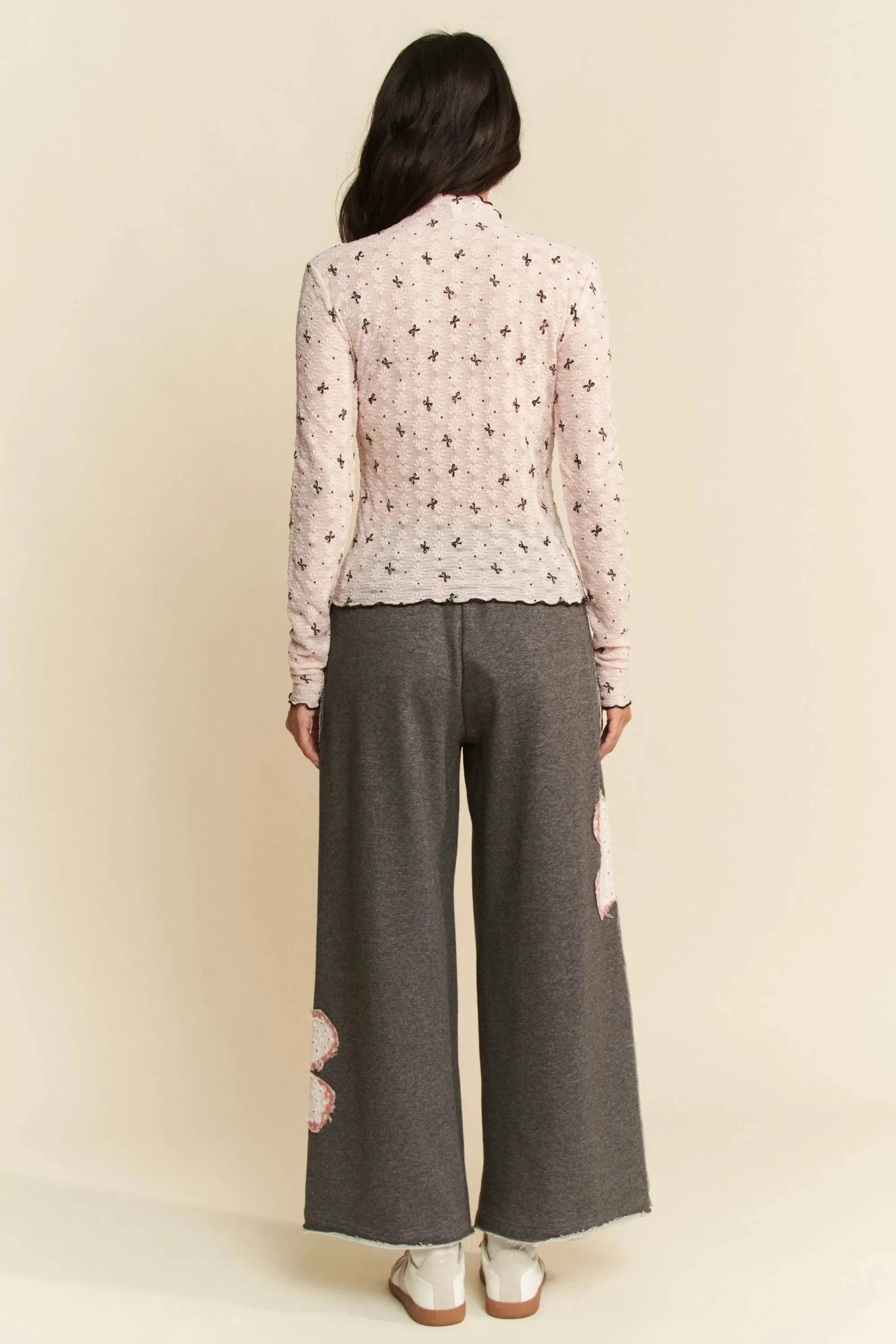 Davi & Dani Ribbon Bow Lace Hem Long Sleeve Mesh Layering Top