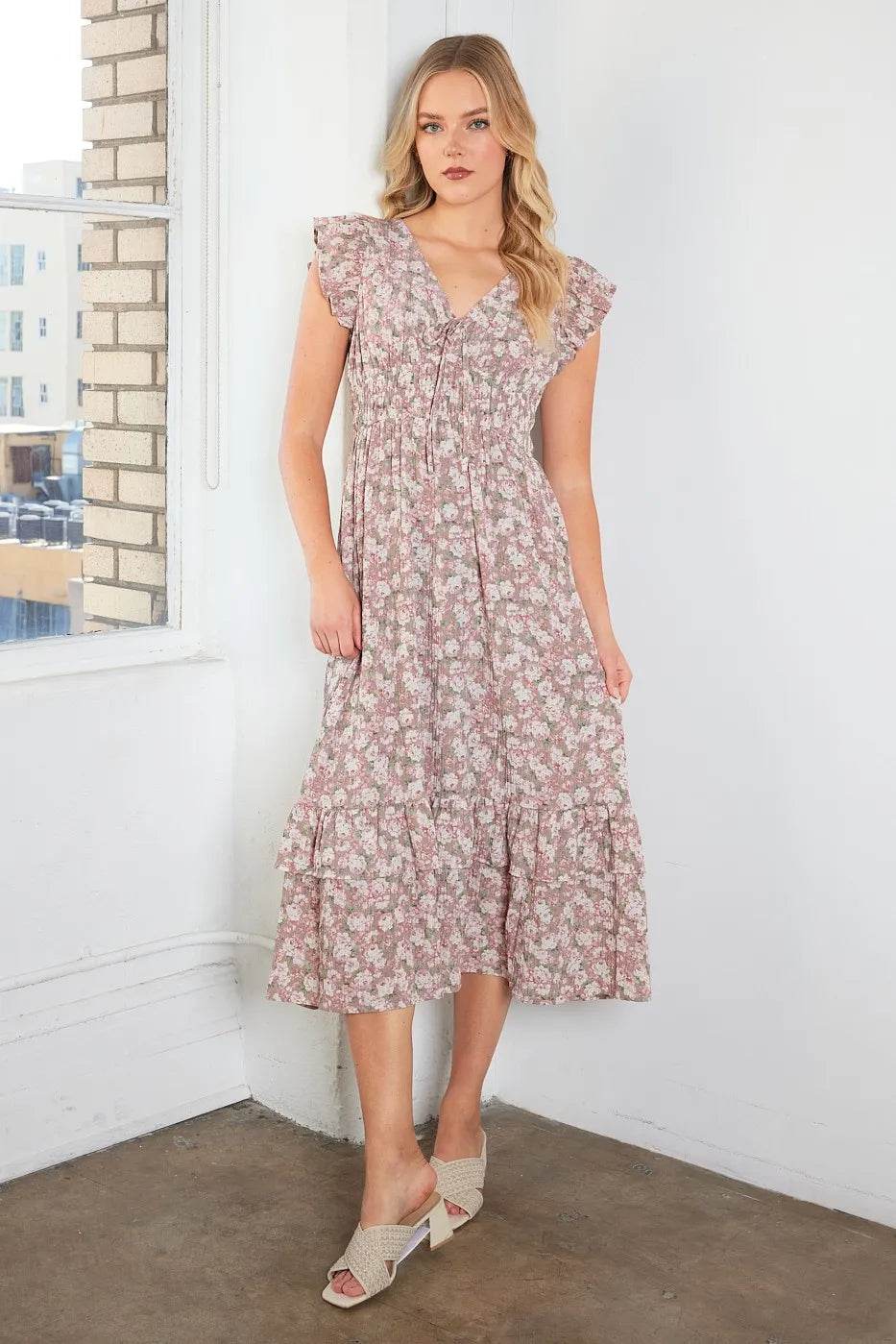 Mittoshop Flower Print Ruffle Cap Sleeve V-neck Midi Dress