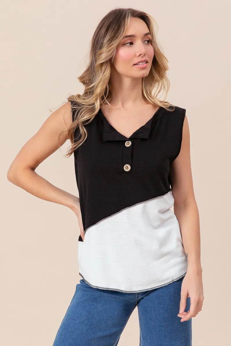 BiBi Color Block Contrast Stitching Buttoned Henley Top