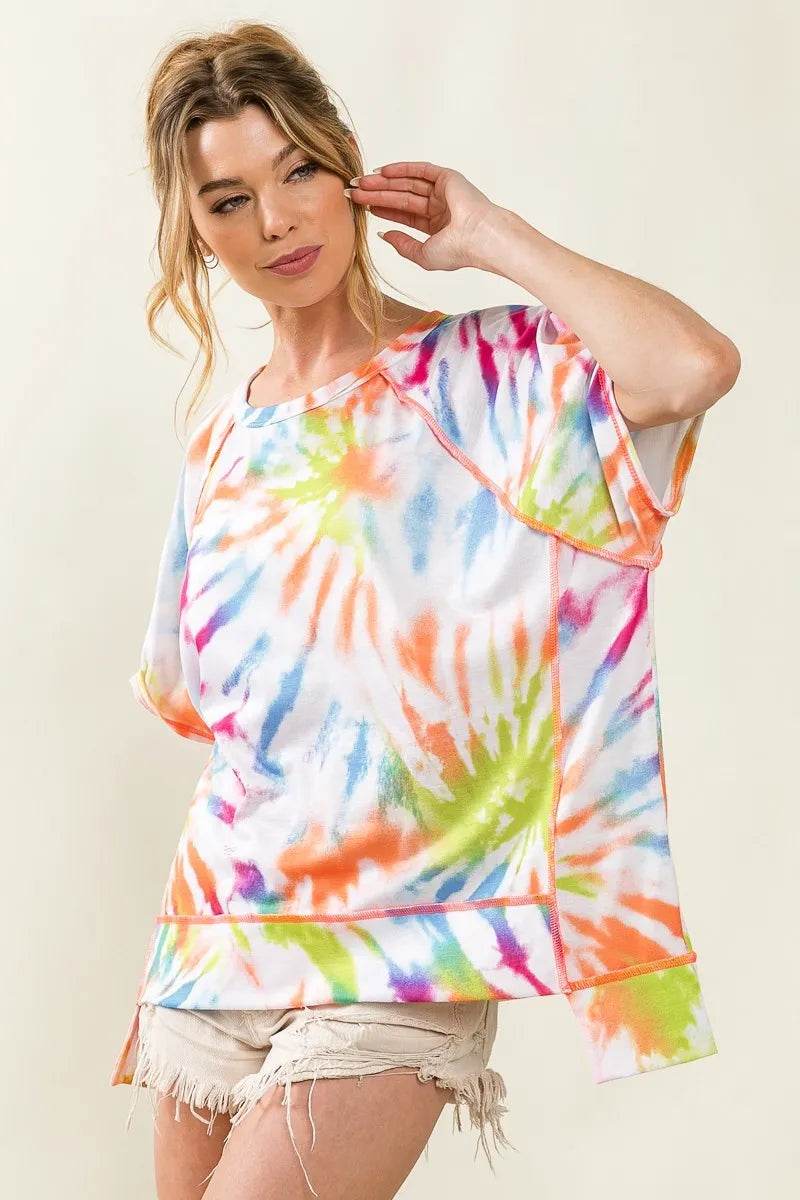 BiBi Tie Dye Print Jersey Stitched Uneven Hem Top