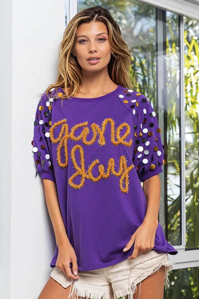 BiBi Game Day Metallic Letter Spangle Sleeve Top