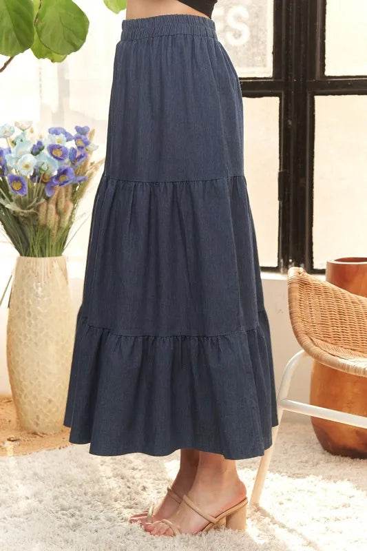 ADORA Waist Band Tiered Denim Maxi Skirt