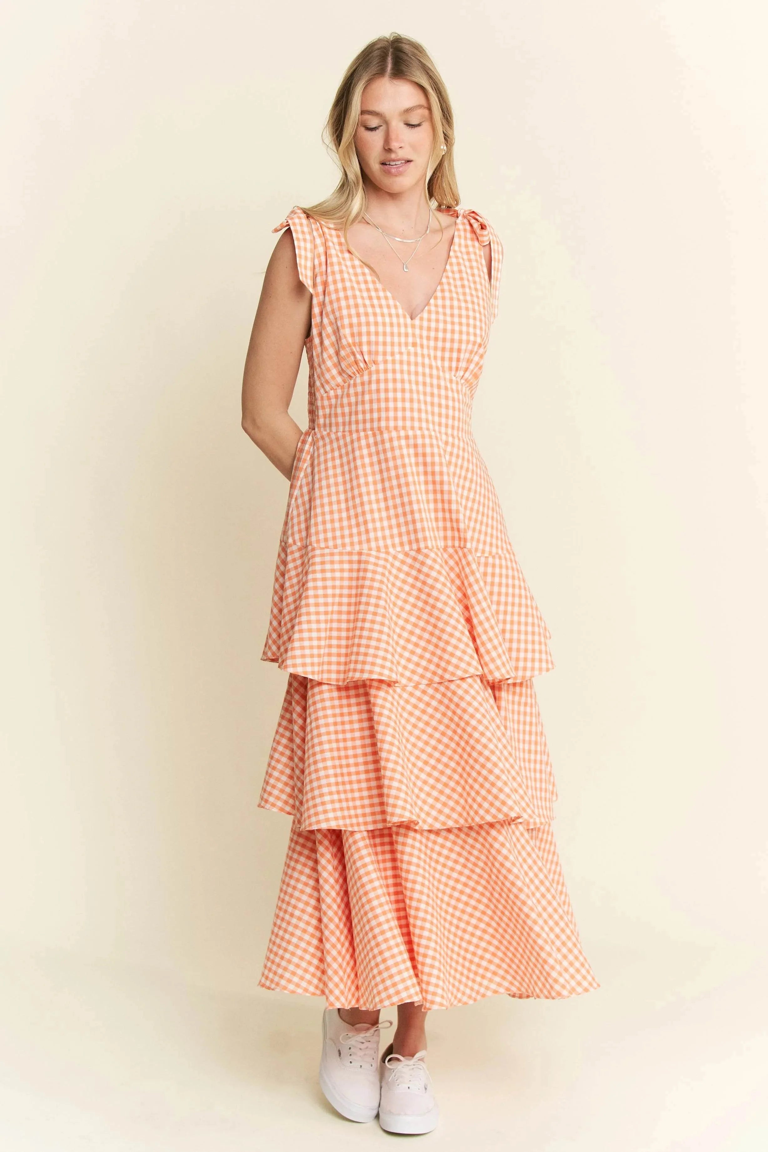 Jade By Jane Sleeveless Gingham Print Tiered Midi Dress