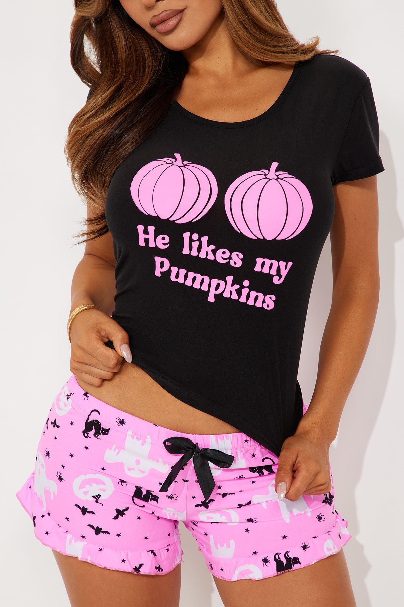 Do You Like My Pumpkins PJ Short Set - Black/Pink
