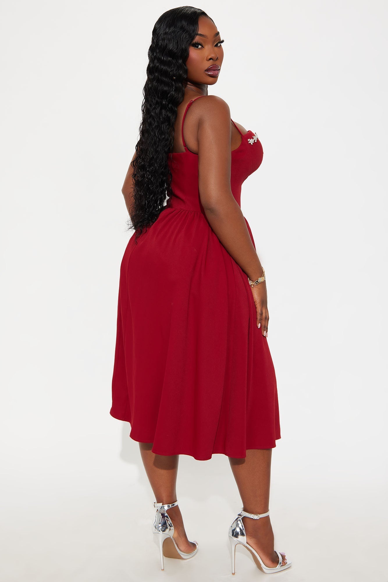 Abigail Rhinestone Midi Dress - Red