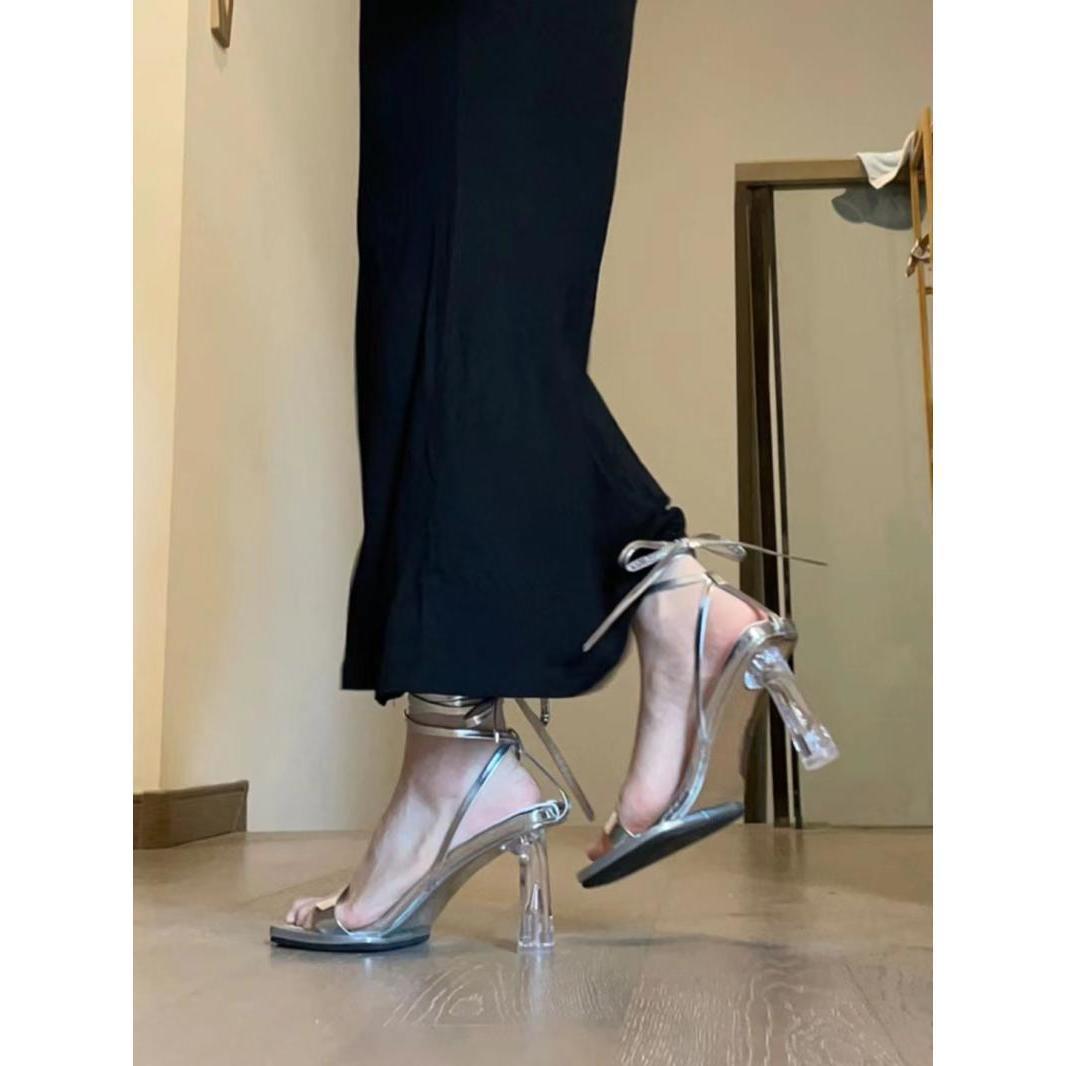 Niche Design Silver High Heels Transparent Stiletto Heel Roman Strap Elegant Sandals