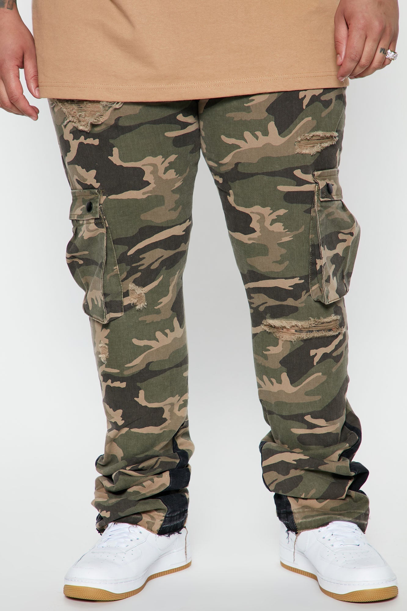 Contrast Skinny Stacked Flared Cargo Pants - Camouflage
