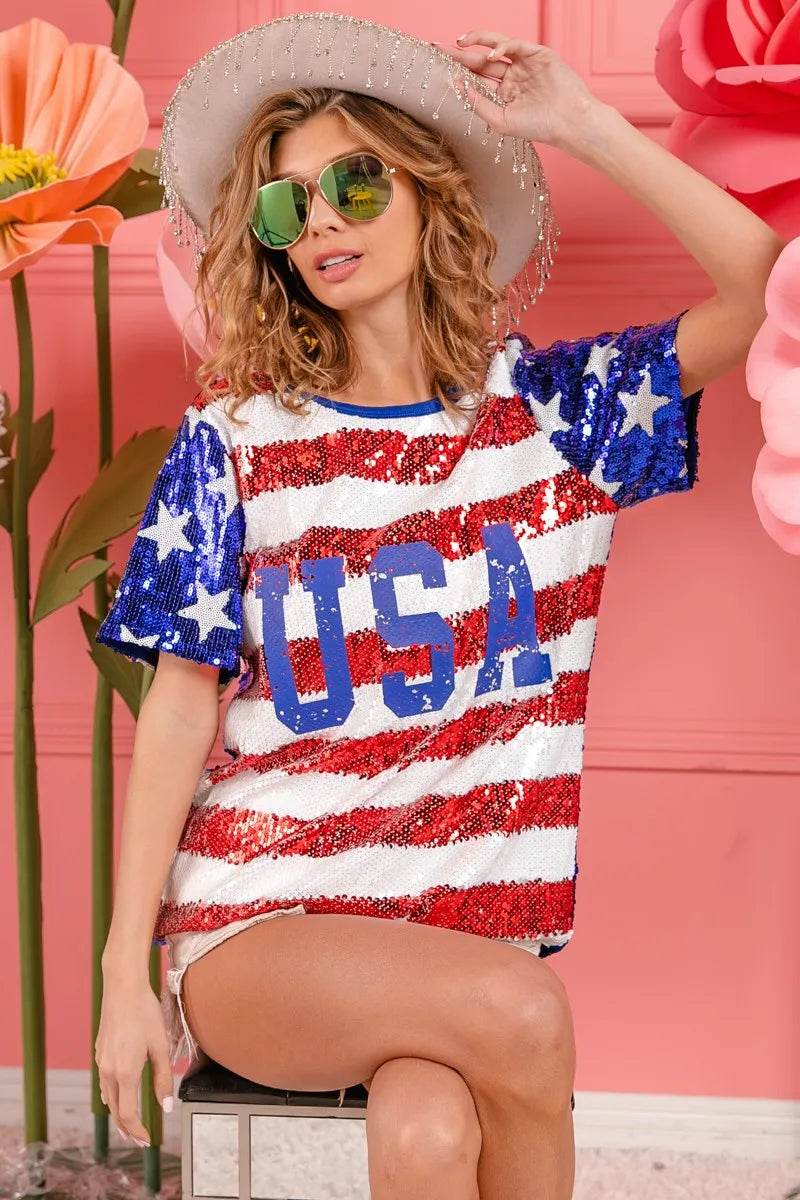 BiBi American Flag Theme USA Lettering Sequin Top