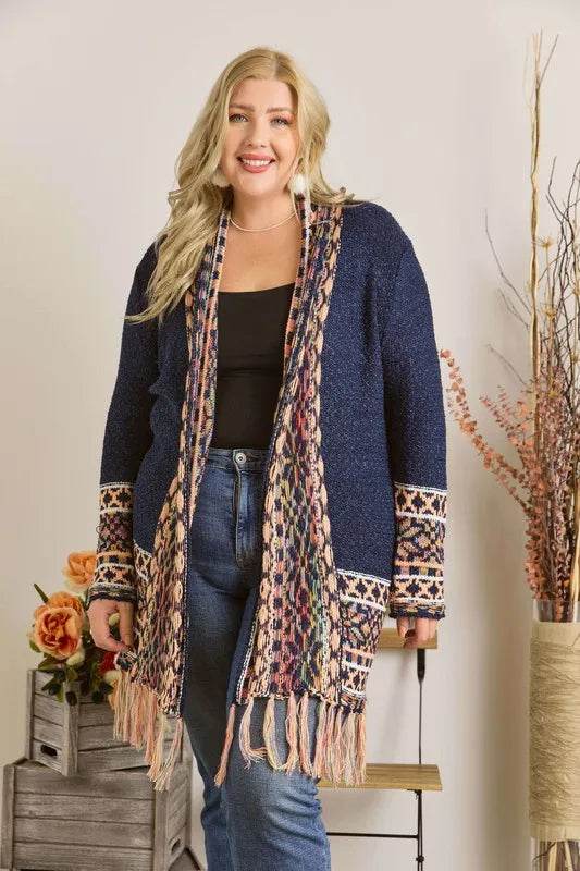 ADORA Full Size Fringe Hem Aztec Border Cardigan Plus Size