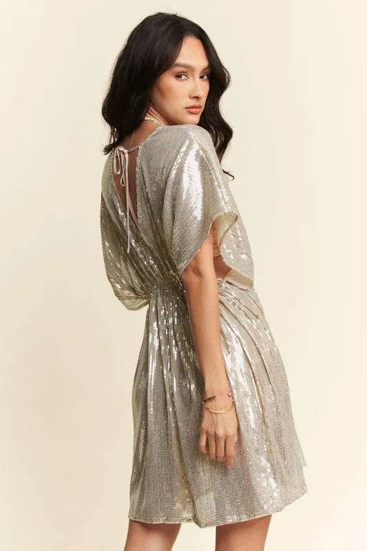 Davi & Dani Sequin Plunge Neck Knot Cut Out Tie Back Party Dress