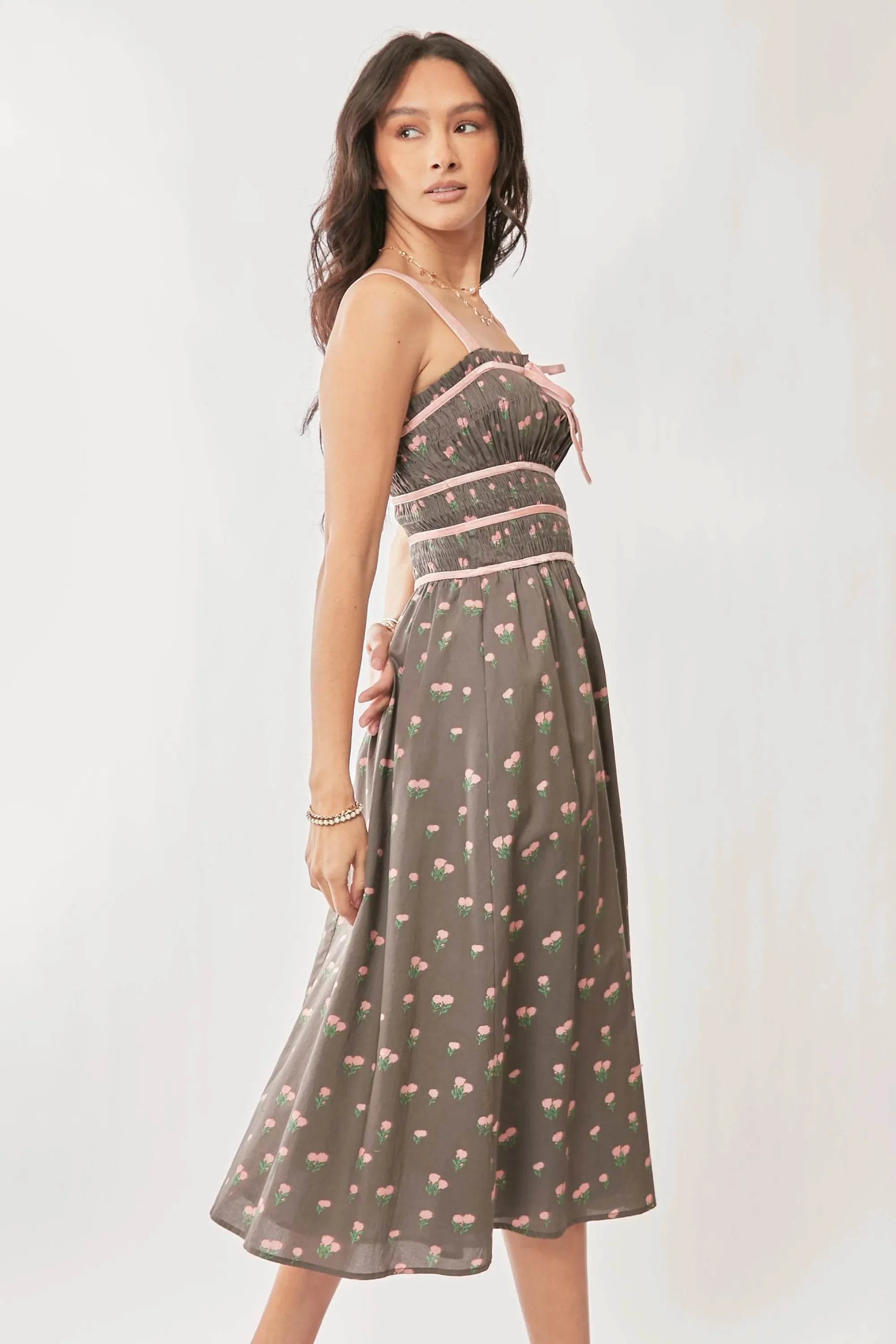 Davi & Dani Contrast Velvet Tape Smocking Bodice Midi Dress