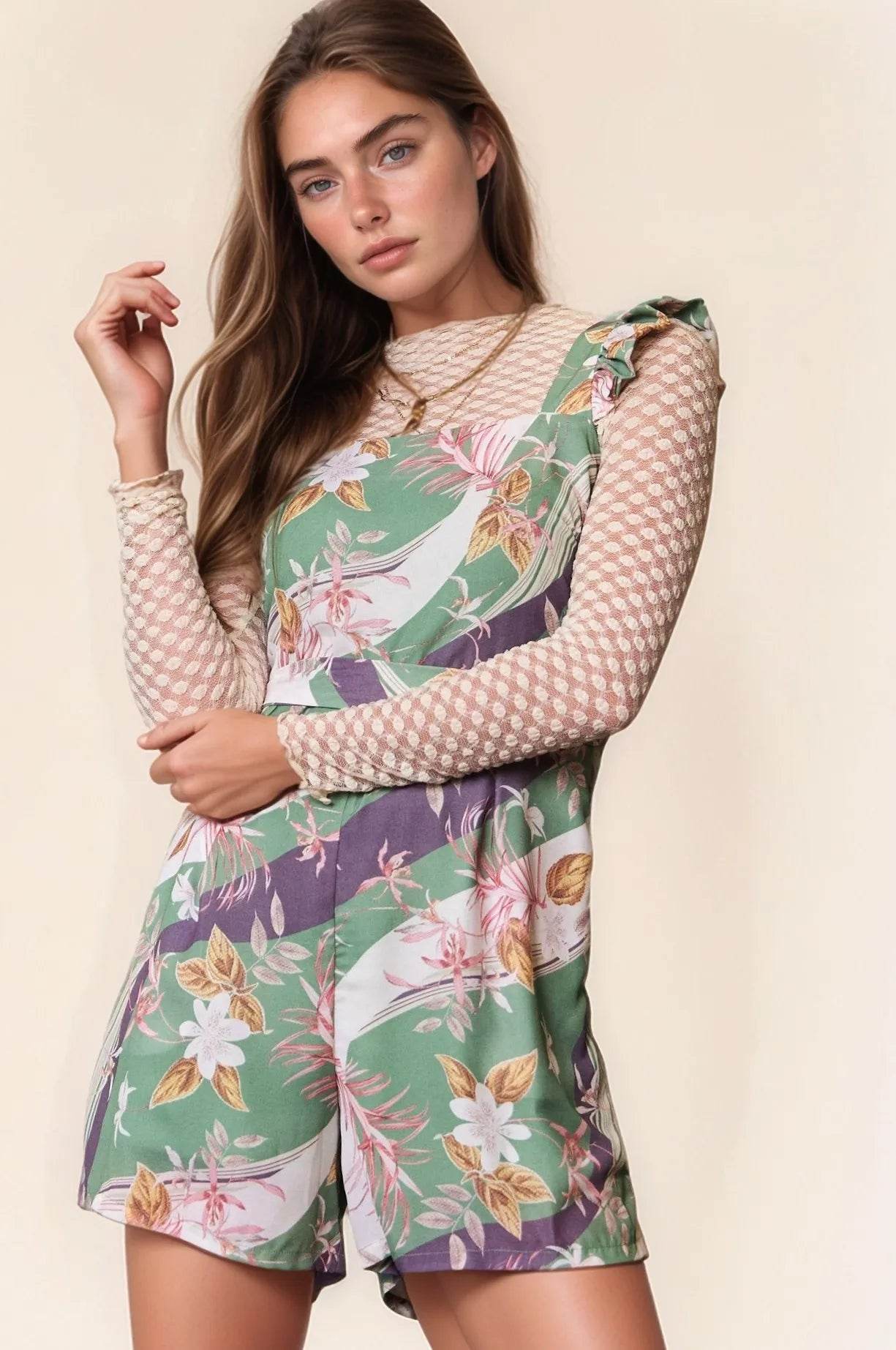 Davi & Dani Floral Square Neck Ruffled Sleeveless Mini Romper