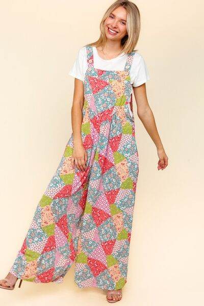 Haptics Wide Leg Overalls with Pockets - Full Size Printed Design and Side Pockets