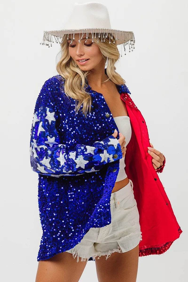 BiBi American Flag Sequin Snap Down Shirt