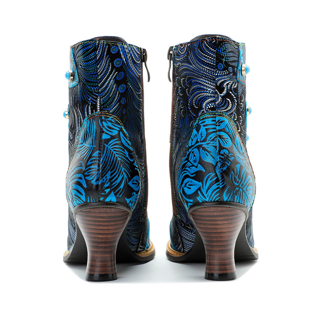 Blue Embossed Leather And Warm Brocade Comfy Ankle Boots