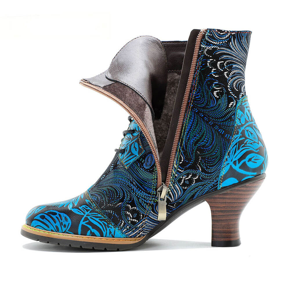 Blue Embossed Leather And Warm Brocade Comfy Ankle Boots