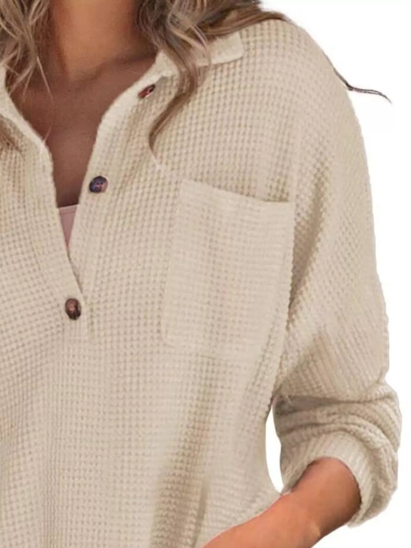 Casual Waffle Knit Button Detail Blouse