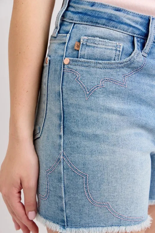 Judy Blue High Waist Western Embroidery Detail Cut Off Denim Shorts