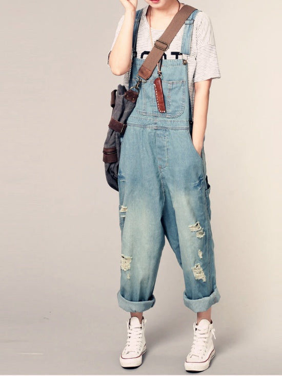 large size worn light color strap jeans women casual loose thin denim wide leg pants tide