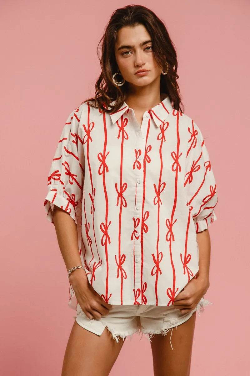 BiBi Bow Ribbon Woven Printed Button Down Shirt