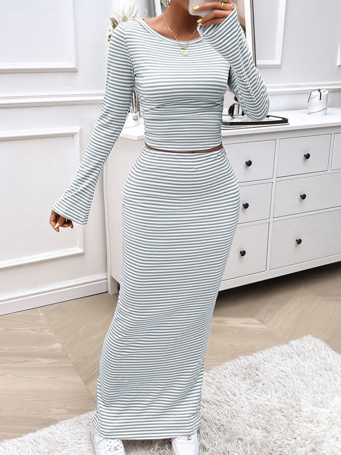 Chic & Striped: 2-Piece Boat Neck Top and Skirt Set