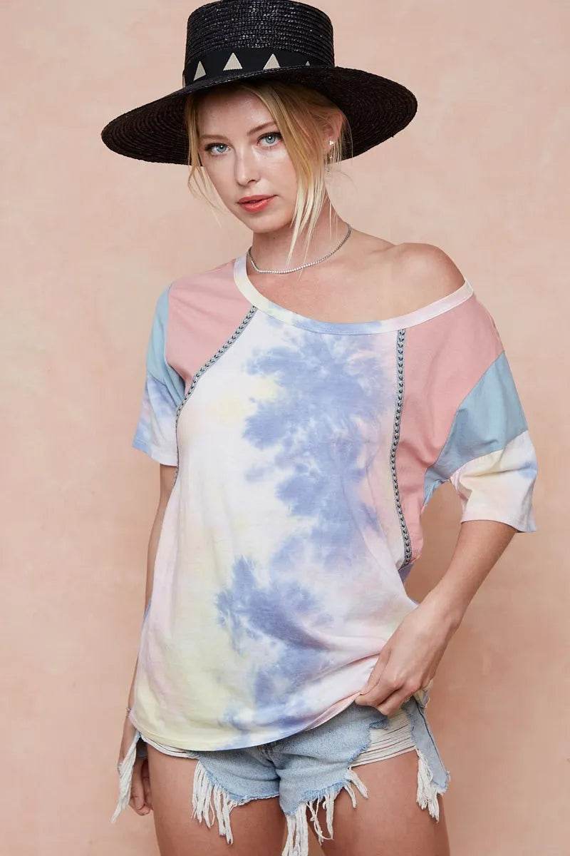 BiBi Tie Dye Printed Cotton Color Block T-Shirt
