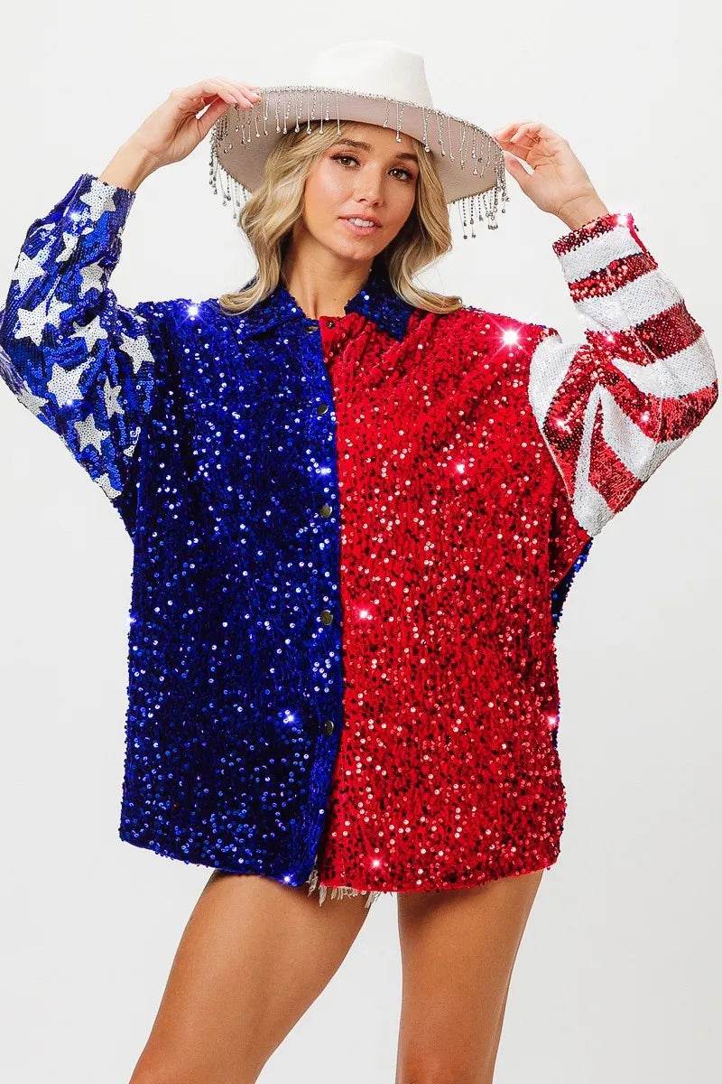 BiBi American Flag Sequin Snap Down Shirt