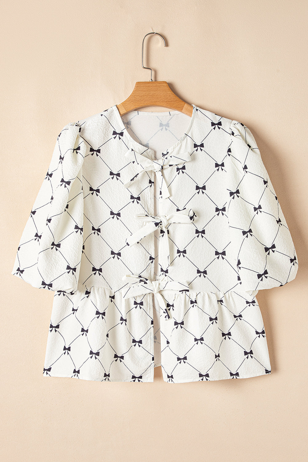 Ezra Bowknot Print Front Knots Bubble Sleeve Blouse