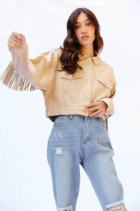 Cropped fringe denim jacket