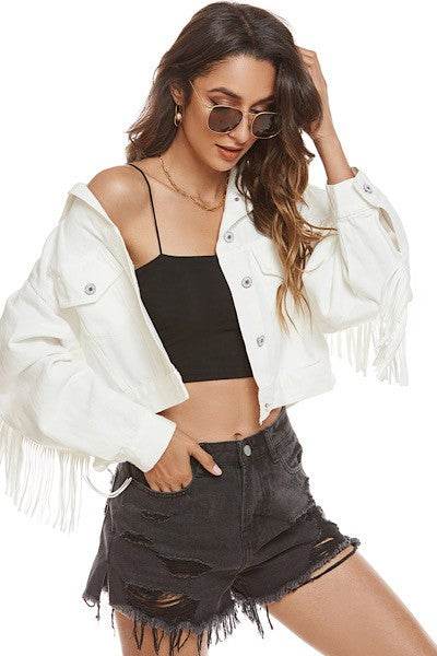 Cropped fringe denim jacket