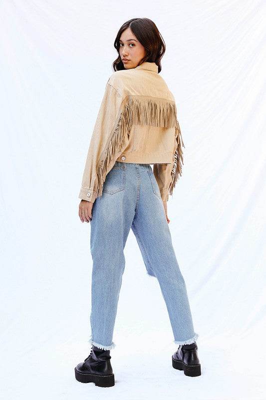 Cropped fringe denim jacket