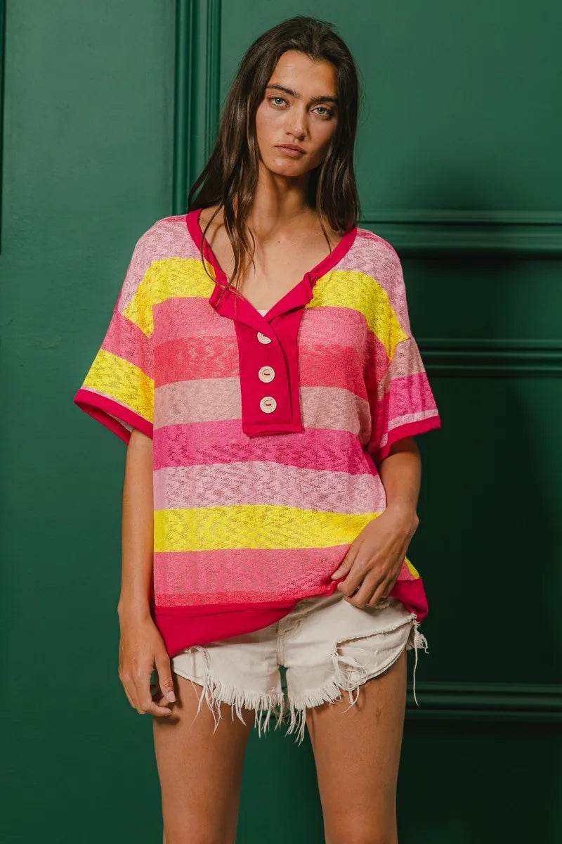 BiBi Multi Color Stripe Hacci Button Detail Ringer Top