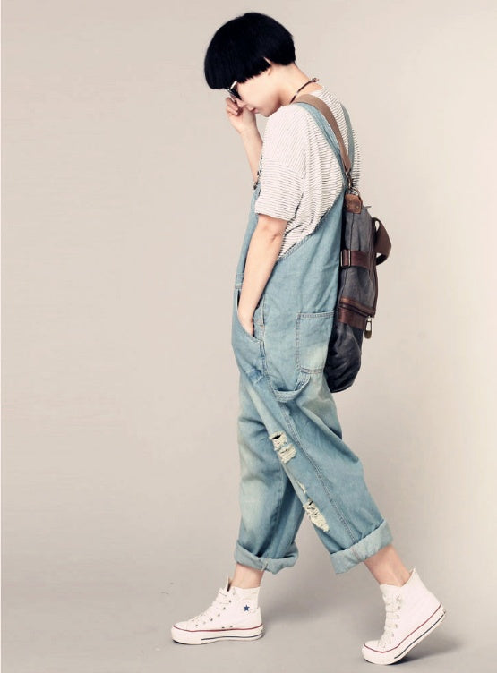 large size worn light color strap jeans women casual loose thin denim wide leg pants tide