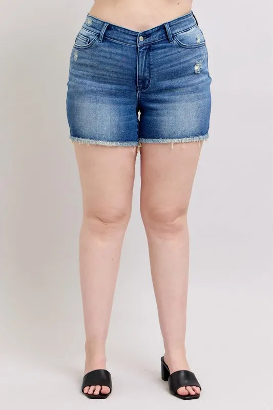 Judy Blue Full Size V-Front Denim Shorts with Shield Pockets Plus Size