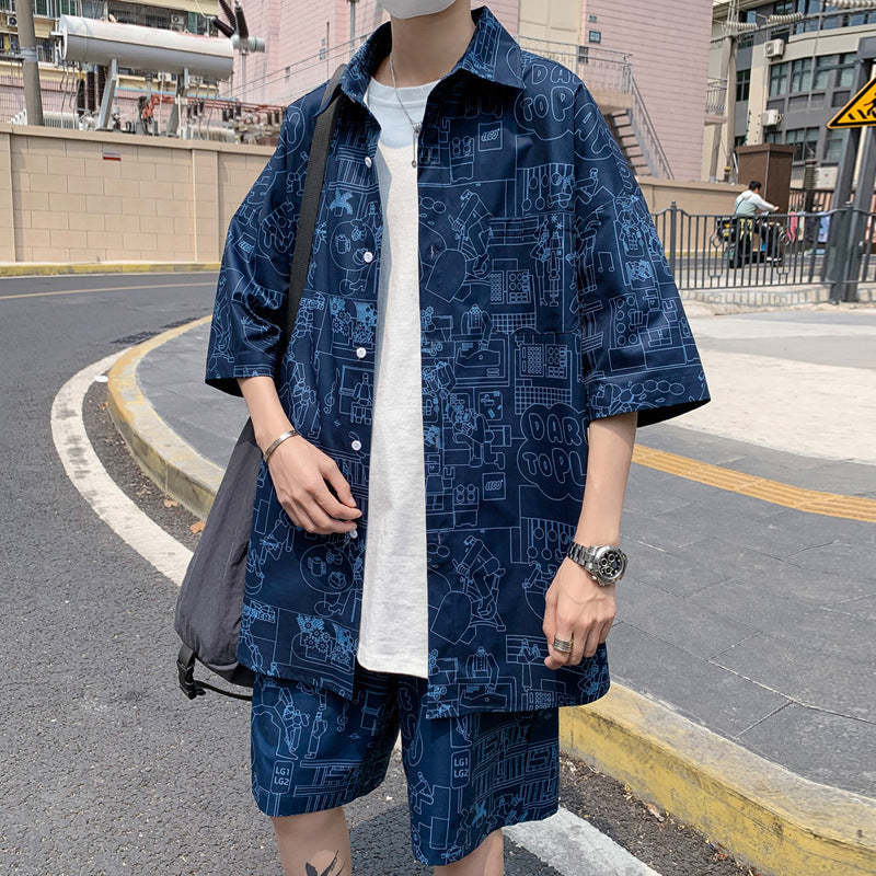 Summer New Men'S Suit Shorts Short-Sleeved Shirt Casual Loose Large Size Trend Tide Brand Hong Kong Style Suit Men