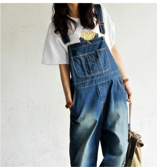 large size worn light color strap jeans women casual loose thin denim wide leg pants tide