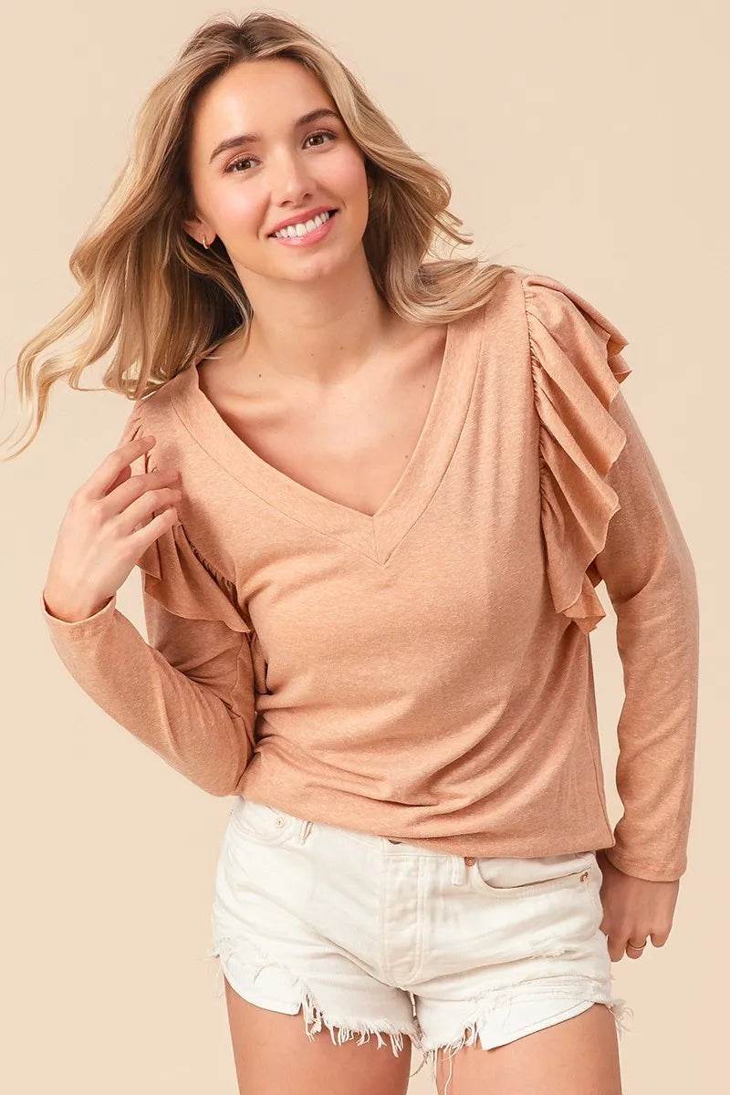 BiBi Triblend V Neck Top with Shoulder Shrring Detail