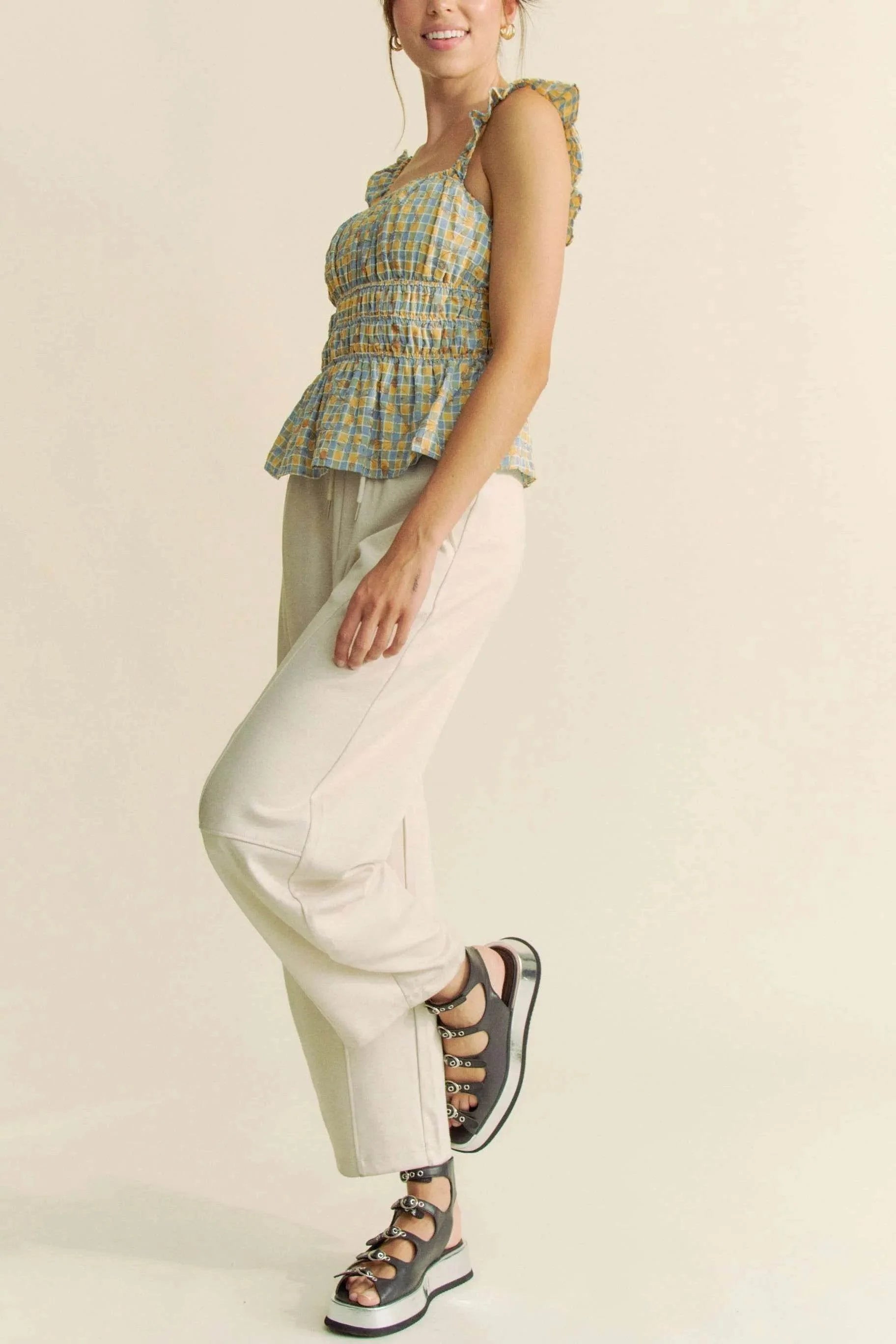 Davi & Dani Plaid Ruffled Strap Smocked Sleeveless Top