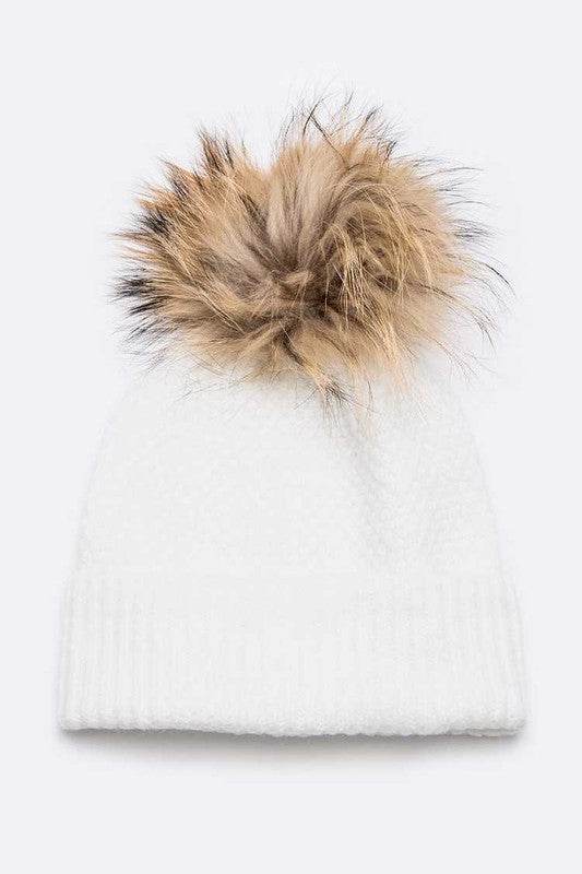 Large Natural Fur Pom Soft Beanie