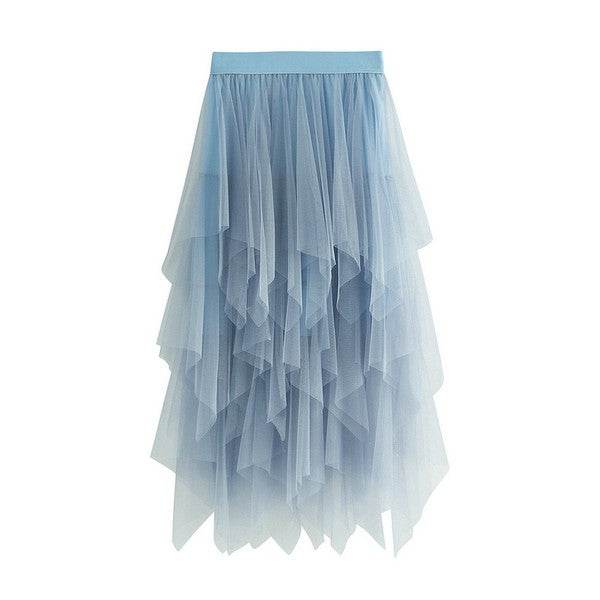 Tiered mesh ruffle midi skirt