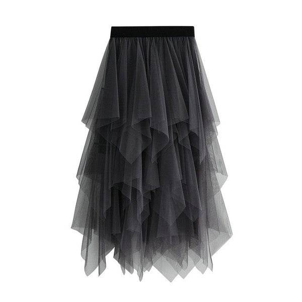 Tiered mesh ruffle midi skirt
