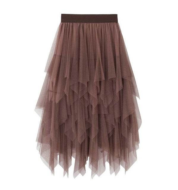 Tiered mesh ruffle midi skirt