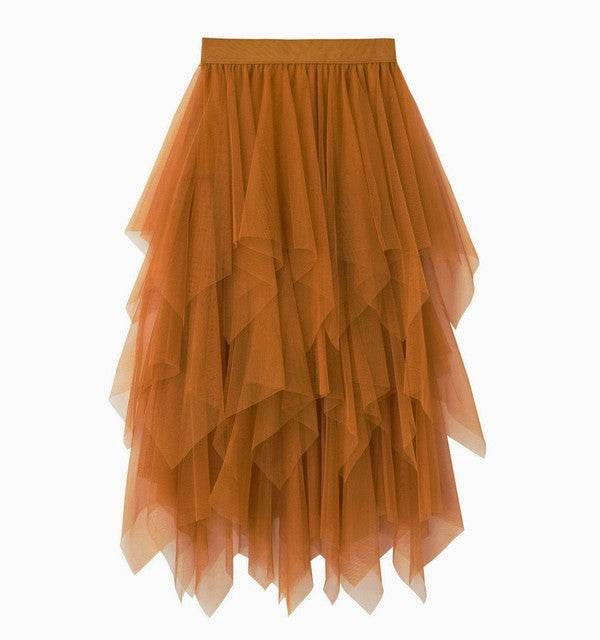 Tiered mesh ruffle midi skirt