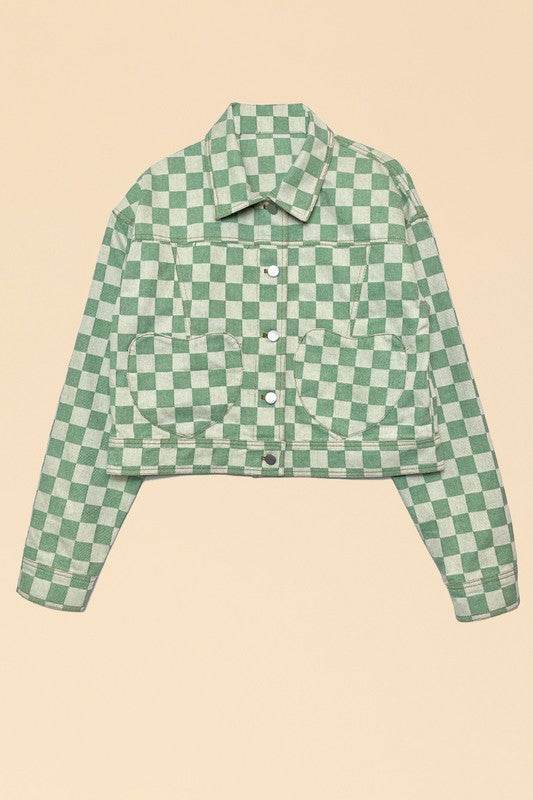 Cropped checkered heart denim jacket