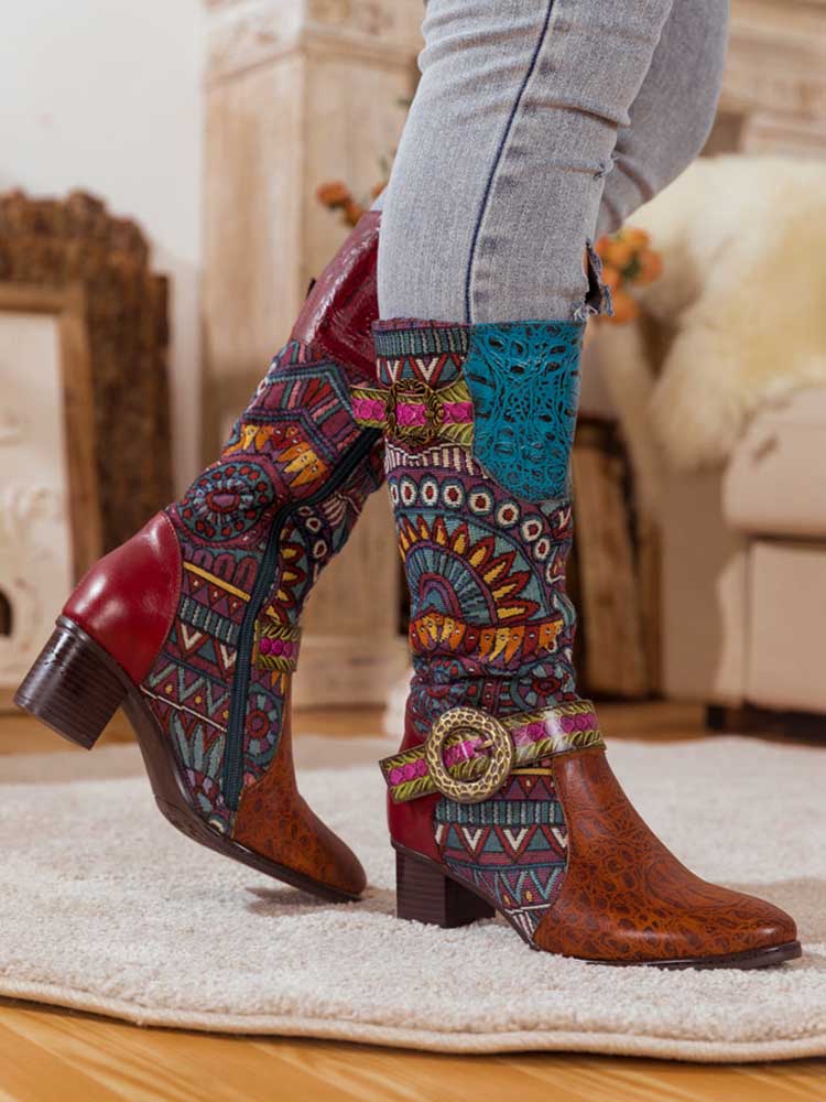 Bohemian Leather Splicing Pattern High Tube Boots