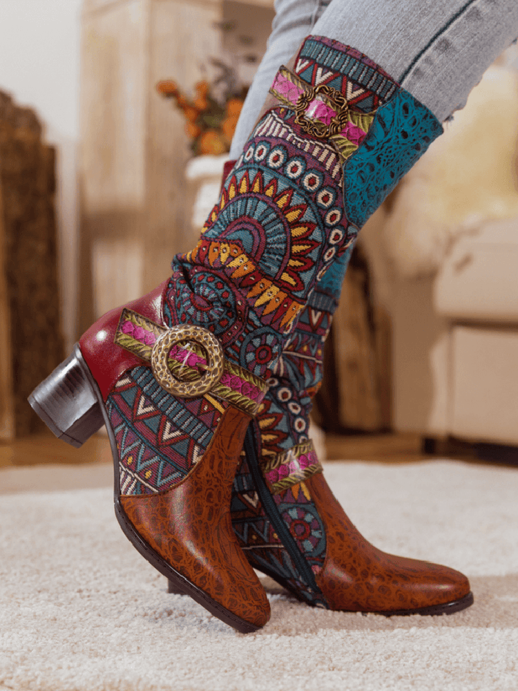 Bohemian Leather Splicing Pattern High Tube Boots