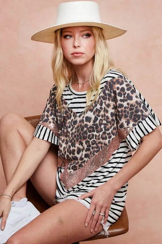 BiBi Stripe Rayon Span Knit Color Block Top With Leopard